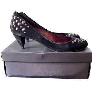 BCBG Maxazria Black Suede Pumps Silver Button Detail Shoes Womans Mid Heel 10M